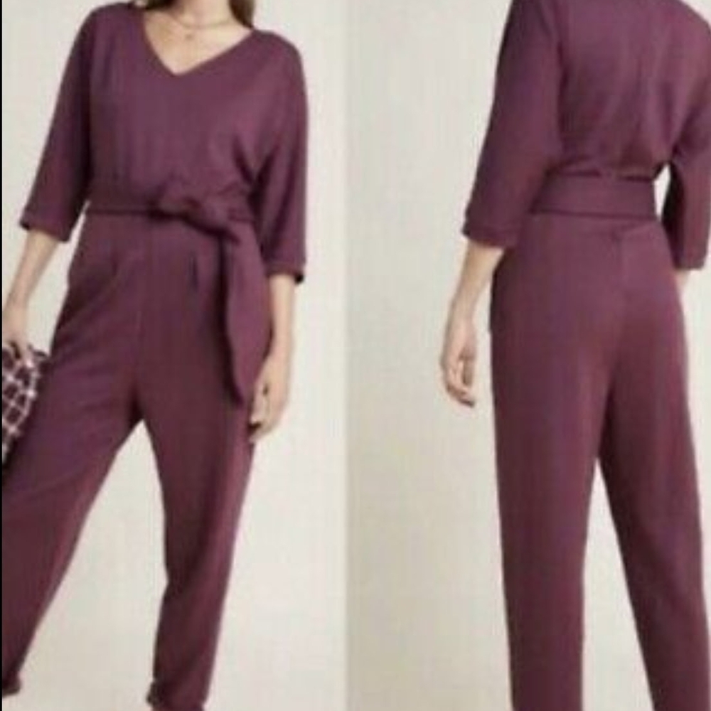 Anthropologie Purple Jumpsuit with V-Neck and Tie Waist